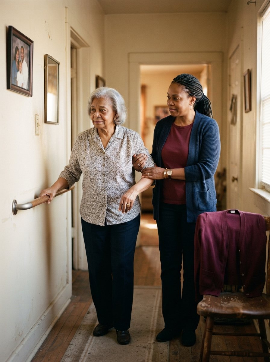 A Black caregiver's hand steadying an elderly Black woman's forearm just above the elbow at a hallway grab rail in a modest