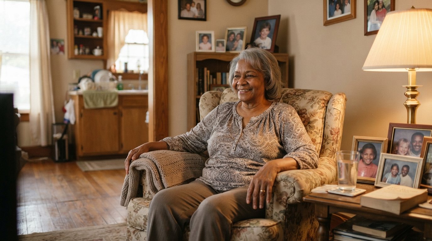 An elderly Black woman settled comfortably in an armchair in her own front room, lamp switched on against the fading