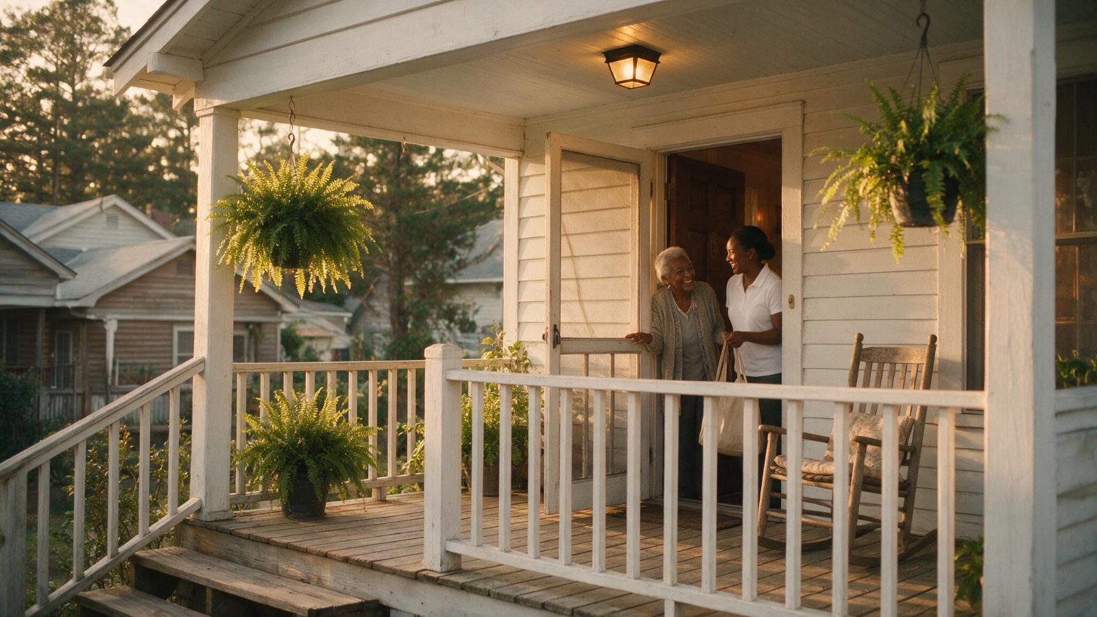 An elderly Black woman welcomes her caregiver at the front door of her Louisiana home at golden hour, ferns and a rocking chair on the porch