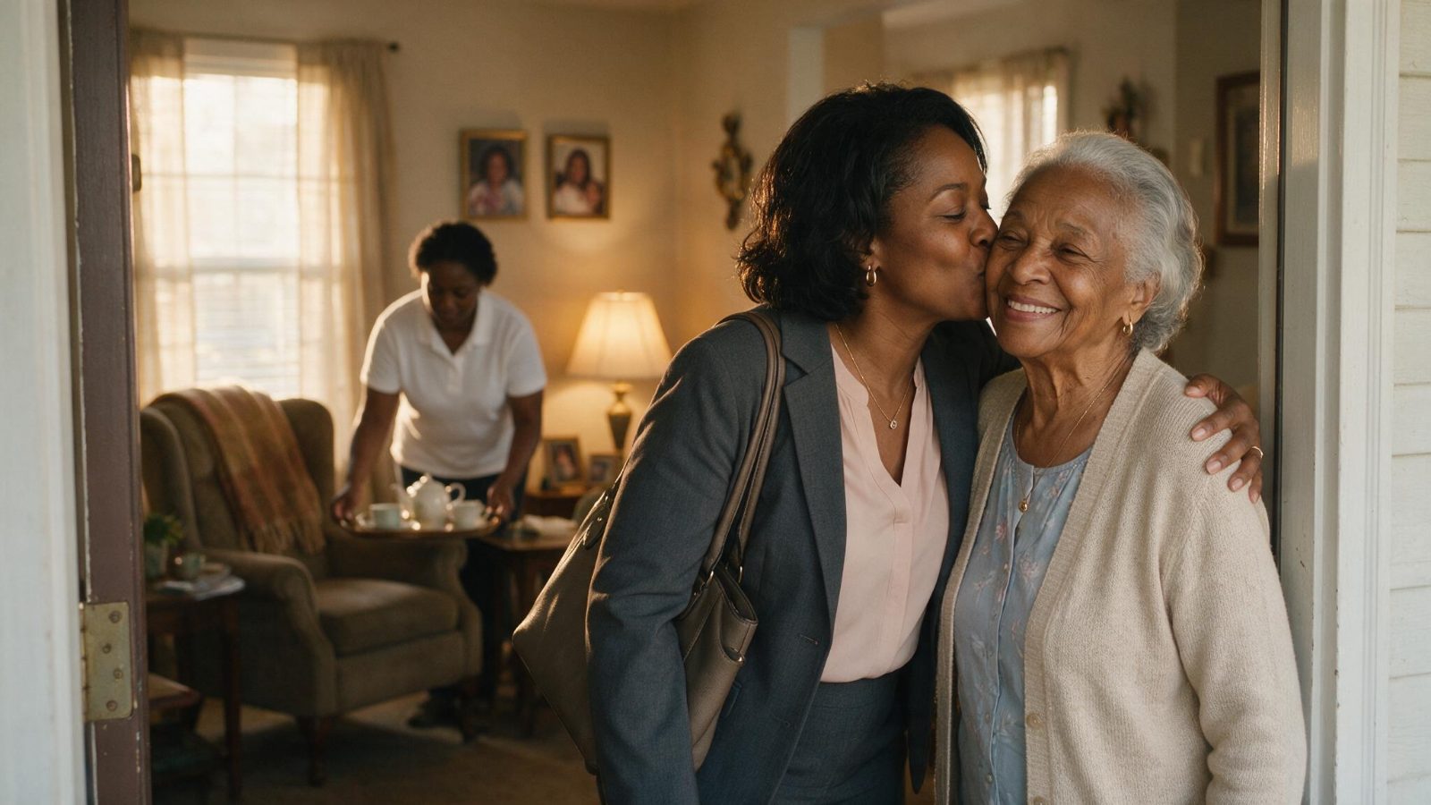 An adult daughter kisses her elderly mother goodbye at the front door while the caregiver sets out tea in the warm living room behind them