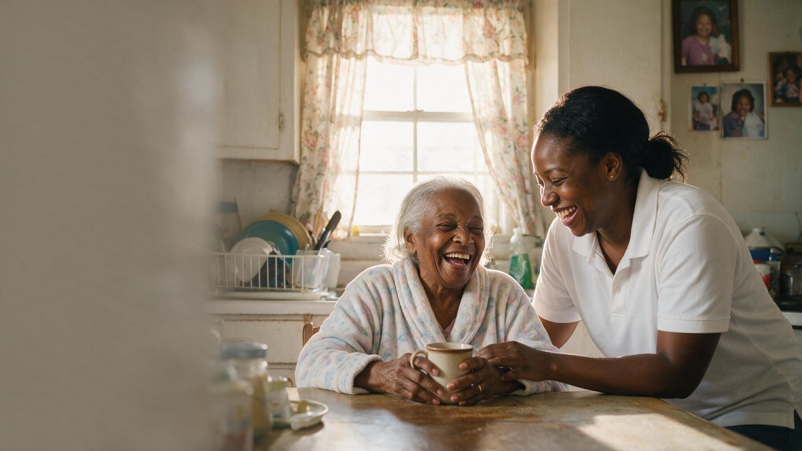 A kitchen-table moment inside a modest, lived-in Louisiana home: an elderly Black woman in her eighties in a soft patterned housecoat laughing over coffee with her caregiver beside her