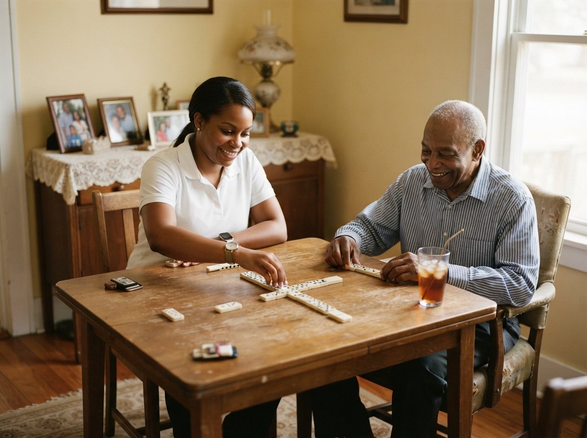 A Black caregiver in a plain white polo and an elderly Black man playing dominoes together at a sunlit dining table in his