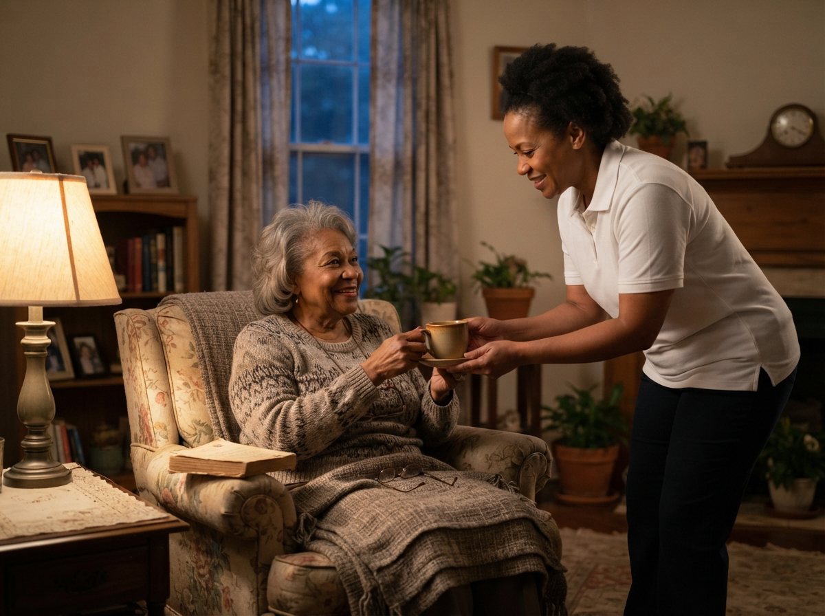 A lamp-lit living room at dusk: an elderly Black woman settled in her armchair under a folded throw while her Black caregiver
